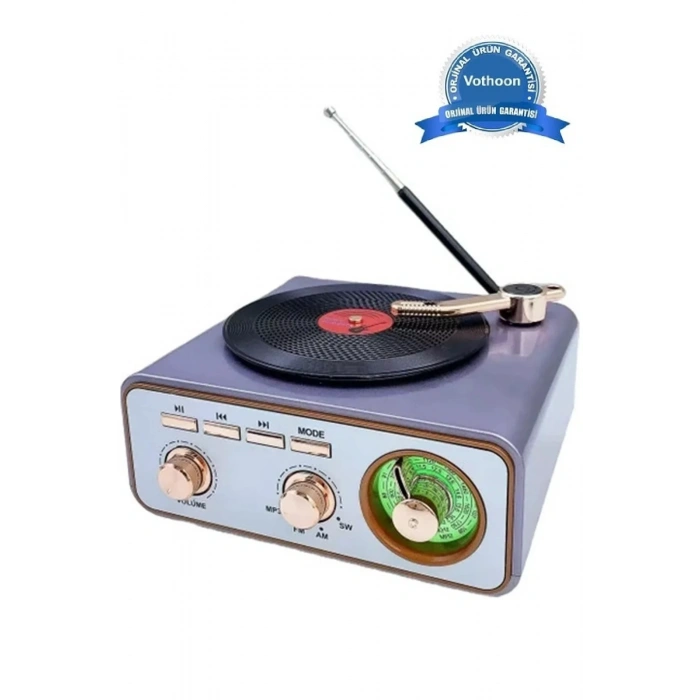 Metalik Nostaljik Tasarım Plak Çalar Görünümlü Radyolu Bluetooth Hoparlör Retro Müzik Plak