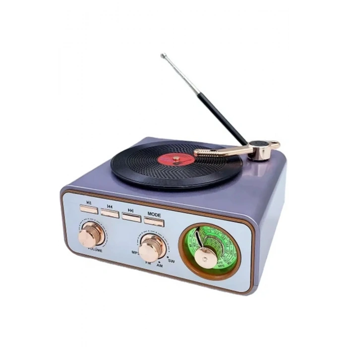 Metalik Nostaljik Tasarım Plak Çalar Görünümlü Radyolu Bluetooth Hoparlör Retro Müzik Plak