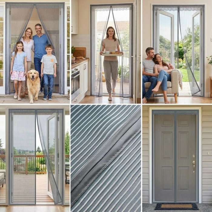 Mıknatıslı Kapı Sinekliği Gri 100x210 cm Otomatik Kapanan Manyetik Tül Sineklik (5263)