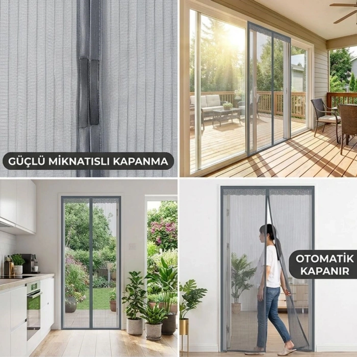 Mıknatıslı Kapı Sinekliği Gri 100x210 cm Otomatik Kapanan Manyetik Tül Sineklik (5263)