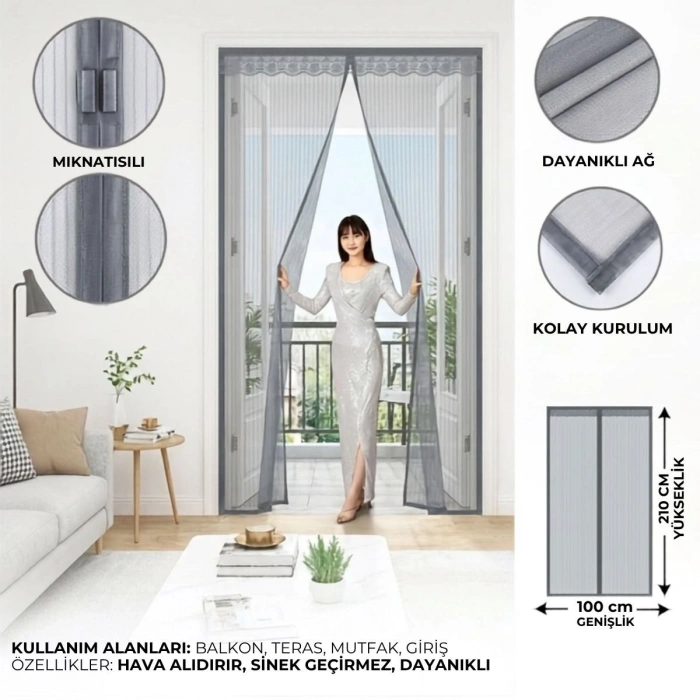 Mıknatıslı Kapı Sinekliği Gri 100x210 cm Otomatik Kapanan Manyetik Tül Sineklik (5263)