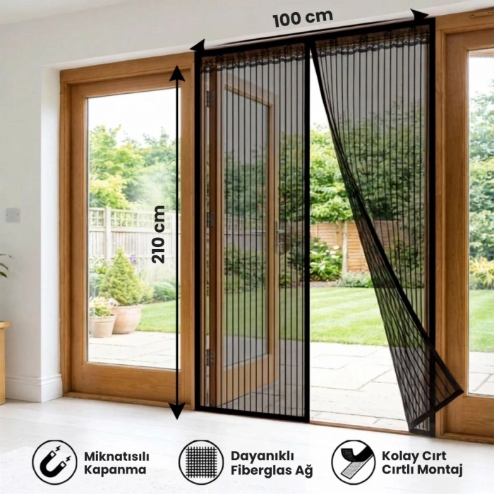 Mıknatıslı Kapı Sinekliği Siyah 100x210 cm Otomatik Kapanan Manyetik Tül Sineklik (5263)
