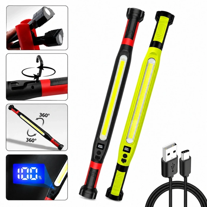 MIKNATISLI TYPE-C ŞARJ - DİJİTAL GÖSTERGE 360° DÖNEBİLEN GÖVDE - ASKI KANCA - ÇİFT RENK - 52.5CM EL FENER - IŞILDAK ÇOK AMAÇLI LED ÇALIŞMA LAMBASI 4 FONKSİYON RENKLİ KL-D95 (5263)