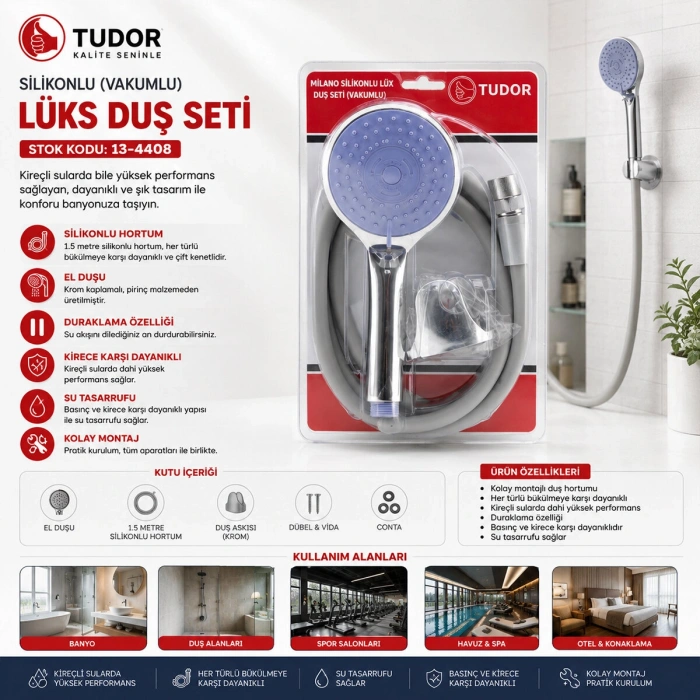 MİLANO VAKUMLU - SİLİKON LÜKS DUŞ SETİ DUŞ BAŞLIK=MİX SİLİKON HORTUM=1.5MT MAFSAL=3 KADEME (5263)