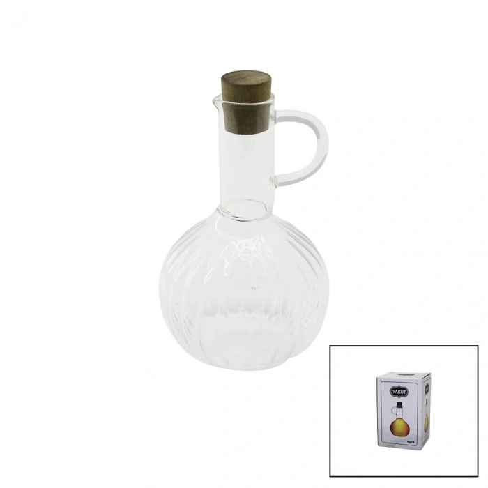 MİNİ CAM YAĞDANLIK ÇİZGİLİ DESEN 300ML AHŞAP BAMBU MANTAR TIPA (5263)