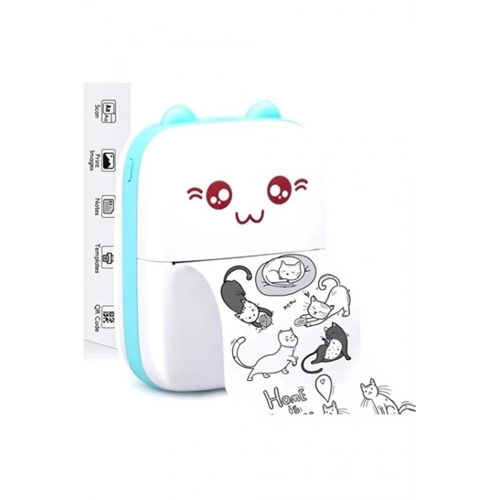 Mini Fotoğraf Yazıcı Kablosuz Etiket Yazıcı Baskı Makinesi Ios Android Uyumlu Termal Printer Mavi