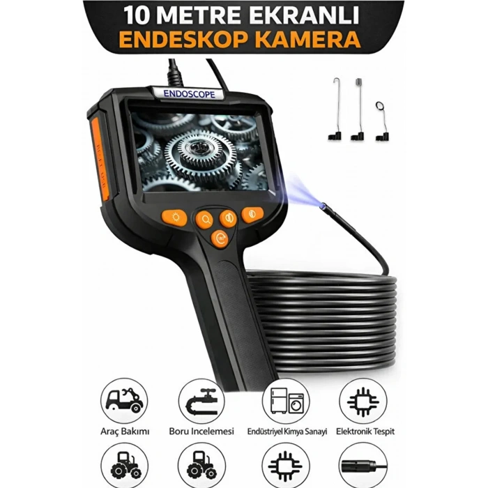 Monitörlü Tek Kameralı 10 Mt Sert Kablo Yılan Endoskop Kamera 5,5 Mm 4.3 Inc Ekran Ip67 Su Geçirmez Led Işıklı