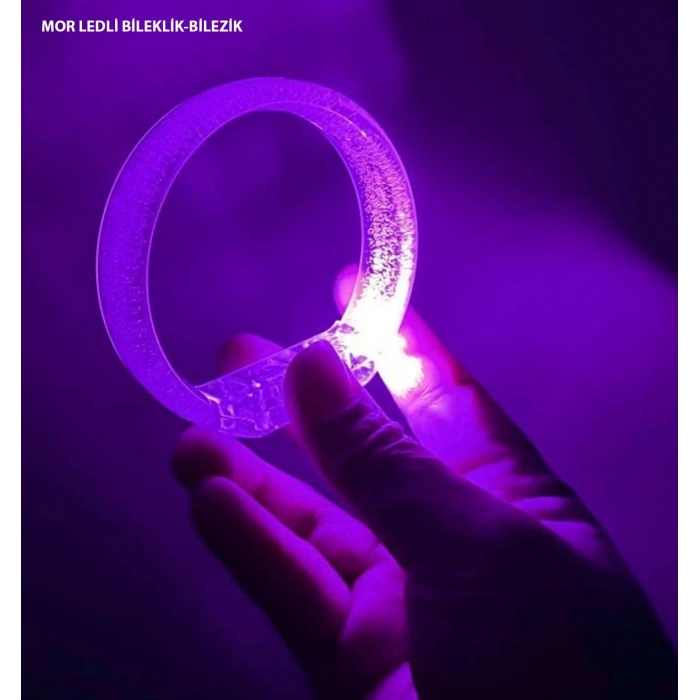 Mor Led Işıklı Baskı Yapılabilen Pilli Bileklik Bilezik 1,5 cm Genişlik (5263)