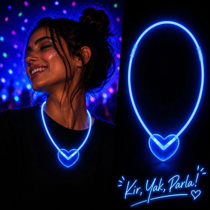 Neon Işıklı Fosforlu Kalp Parti Kolyesi Mavi Renk (5263)