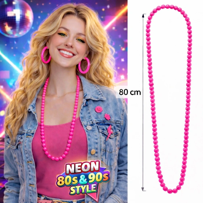 Neon Pembe Boncuk Kolye 80 cm – Retro 80’ler 90’lar Parti Aksesuarı (5263)