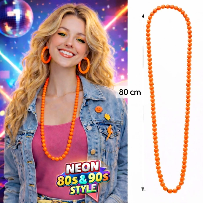 Neon Turuncu Boncuk Kolye 80 cm – Retro 80’ler 90’lar Parti Aksesuarı (5263)