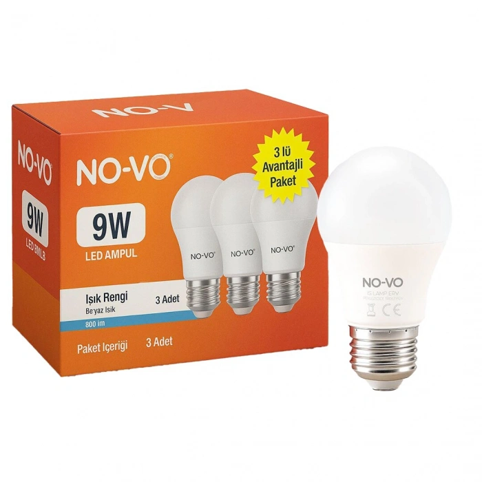 NO-VO 3LÜ AVANTAJ PAKET 9W BEYAZ LED AMPUL E27 806LM 6500K 15.000 SAAT ÖMÜR (5263)