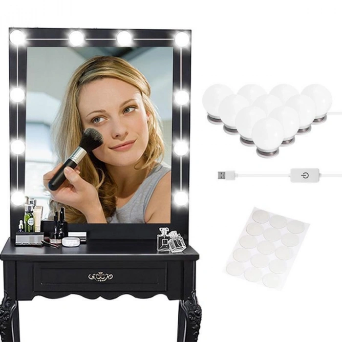 Nostalji Hollywood Tarzı 10'lu Makyaj Masası Aynası Beyaz Led Işıklı Lamba USB (5263)