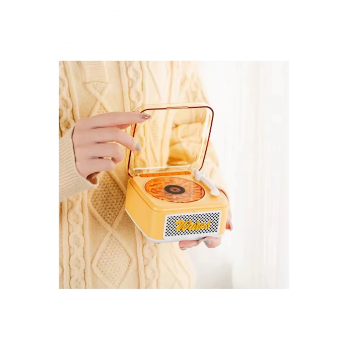 Nostalji Mini Plak Görünümlü Radyolu Bluetooth Hoparlör 3d Ses Dalgası Retro Müzik Plak Sarı