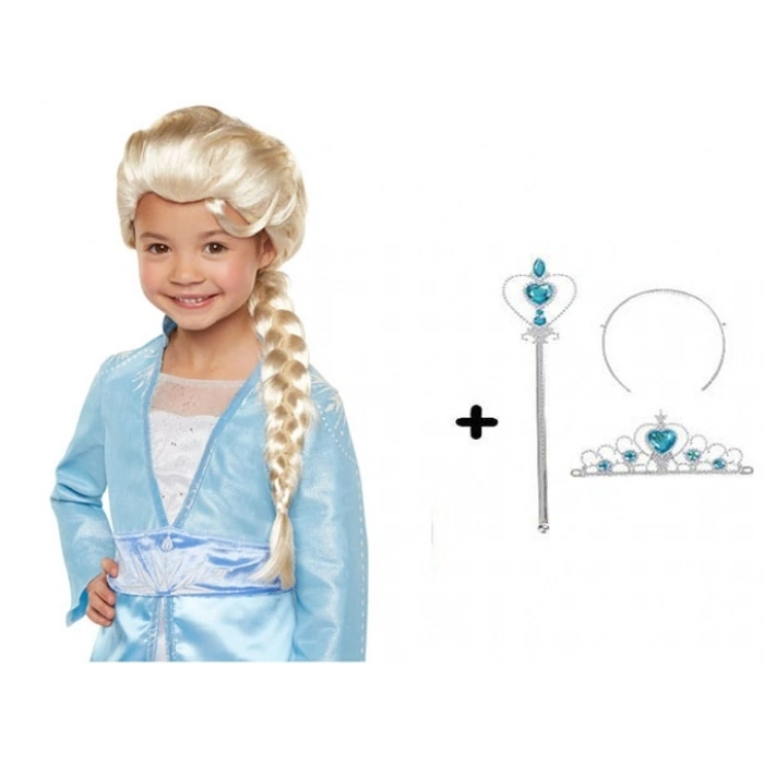 Örgülü Karlar Ülkesi Frozen Elsa Peruğu Tacı ve Sopası Çocuk Boy (5263)