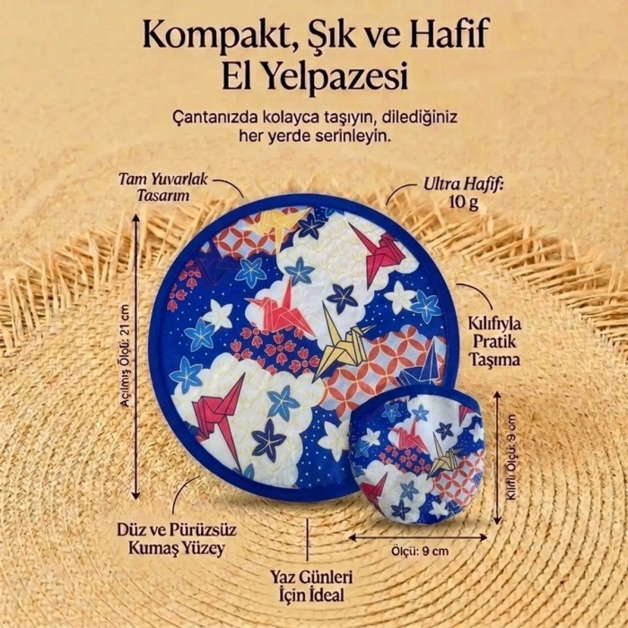Origami Turna Kuşu Desenli Katlanabilir Cep Yelpazesi - Japon Stili Kılıflı El Yelpazesi (5263)