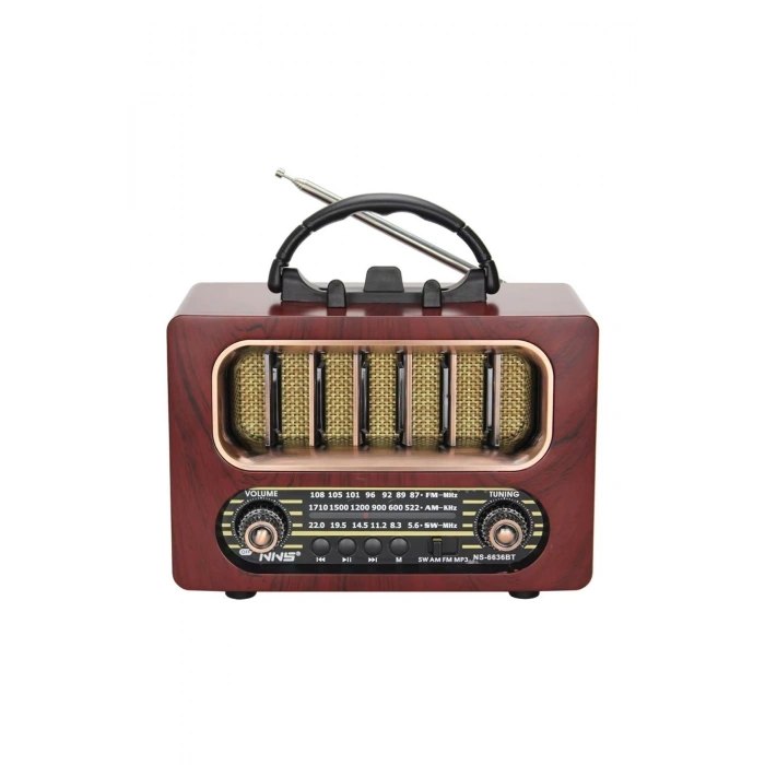 Orta Boy Retro Ahşap Tasarım Bluetooth Hoparlörlü Radyo – FM/AM Destekli, Şarjlı ve Taşınabiliri Radyo NS-6636 (5263)