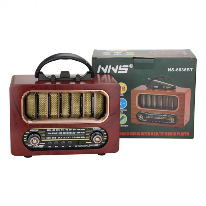 Orta Boy Retro Ahşap Tasarım Bluetooth Hoparlörlü Radyo – FM/AM Destekli, Şarjlı ve Taşınabiliri Radyo NS-6636 (5263)