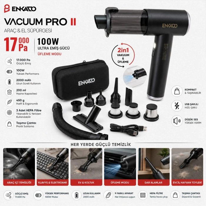 OTO ARAÇ - 2IN1 ŞARJLI 100W - 17000PA 9 BAŞLIK - 3 FİLTRE EL TİPİ BASINÇLI HAVA ÜFLEME - ARAÇ SÜPÜRGE MAKİNESİ TAŞIMA ÇANTALI EKD-SP10 (5263)