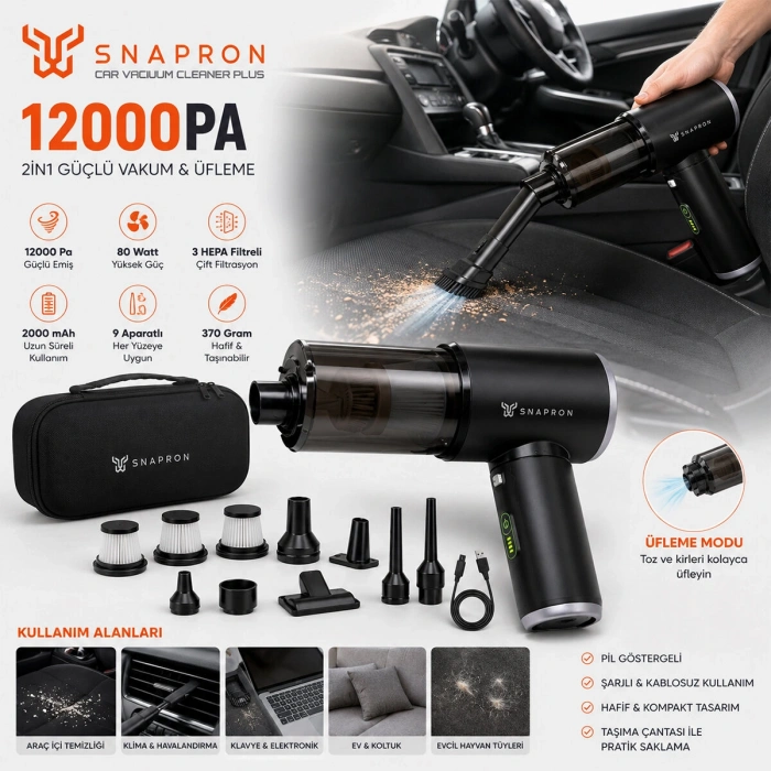 OTO ARAÇ - 2IN1 ŞARJLI 80W - 12000PA 9 BAŞLIK - 3 FİLTRE EL TİPİ BASINÇLI HAVA ÜFLEME - ARAÇ SÜPÜRGE MAKİNESİ TAŞIMA ÇANTALI SNV-3002 (5263)