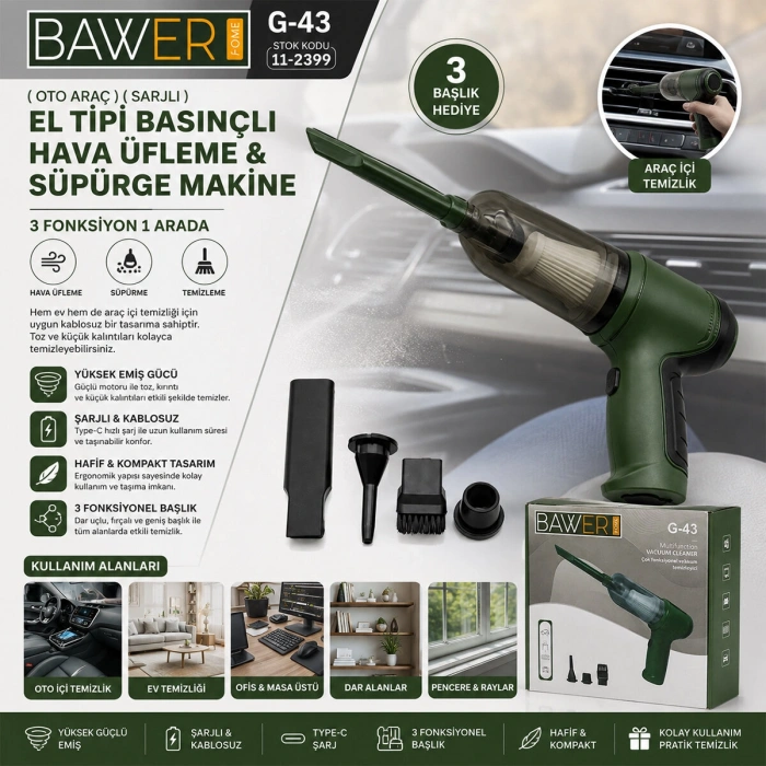 OTO ARAÇ SARJLI EL TİPİ BASINÇLI HAVA ÜFLEME - SÜPÜRGE MAKİNE 3 BAŞLIK G-43 (5263)