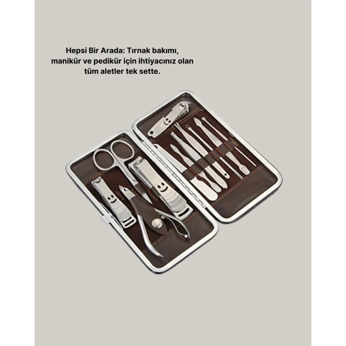 Özel Deri Çantalı 12 Parça Manikür Pedikür Bakım Seti Paslanmaz Çelik