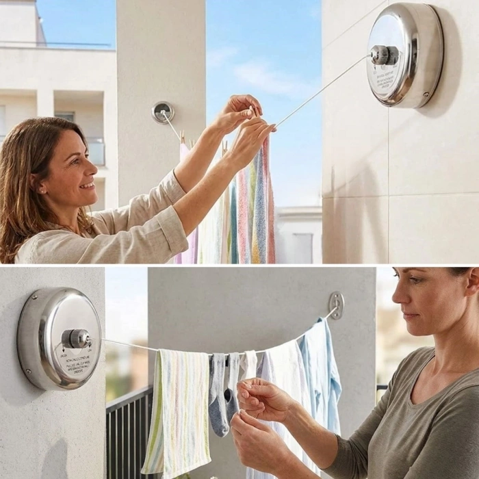 Paslanmaz Çelik Geri Çekilebilir Çamaşır İpi – Duvar Tipi Duvara Monte Banyo,Balkon,Bahçe Çamaşır Kurutma Askısı (5263)