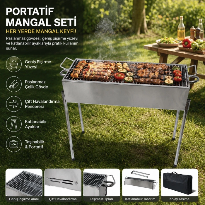 PASLANMAZ MANGAL PORTATİF AYAKLI - STANDLI 70CM (5263)
