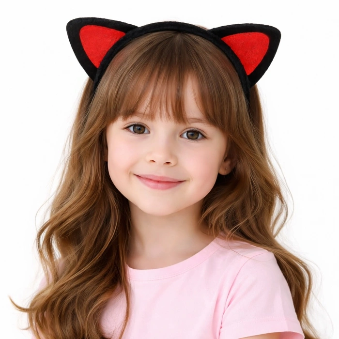 Peluş Kedi Kulak Taç Kırmızı Siyah – Çocuk Parti &amp;amp; Kostüm Tacı (5263)