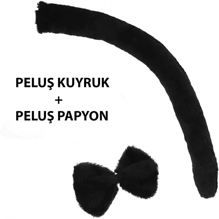 Peluş Siyah Renk Kuyruk ve Papyon Yetişkin Çocuk Uyumlu (5263)
