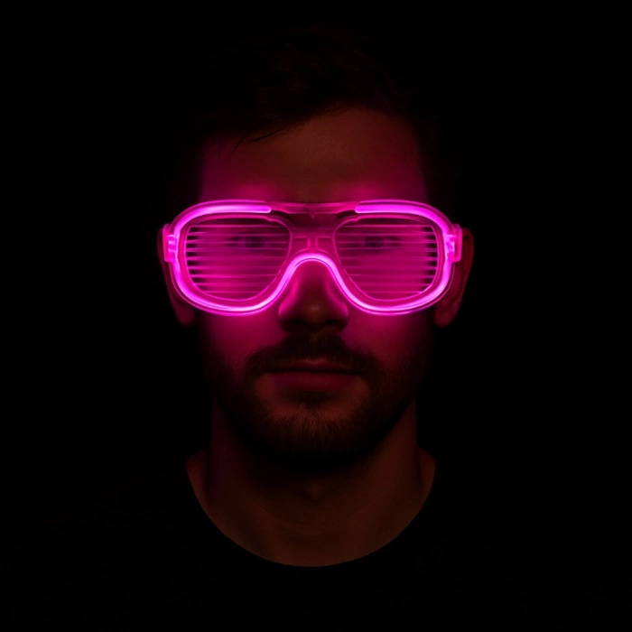 Pembe Led Işıklı Parti Gözlüğü - Neon Glow Şerit Gözlük 3 Modlu (5263)