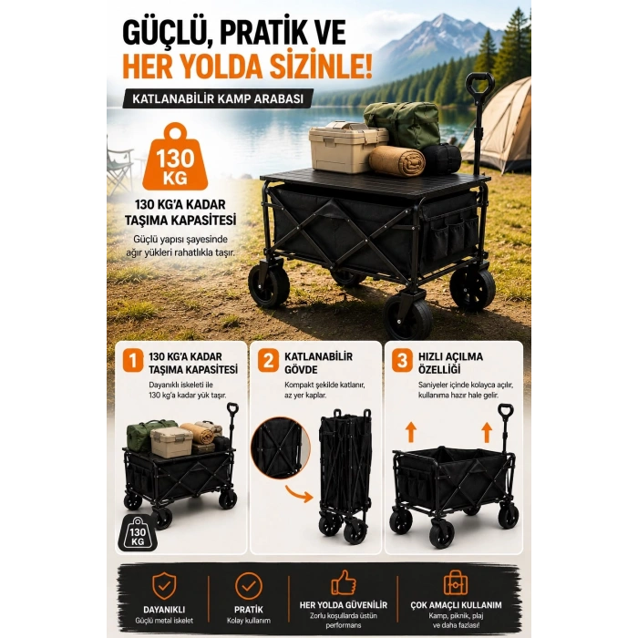 Piknik Kamp Arabası Masalı Geniş Tekerlekli Taşıma Ve Yük Arabası 130 Kg