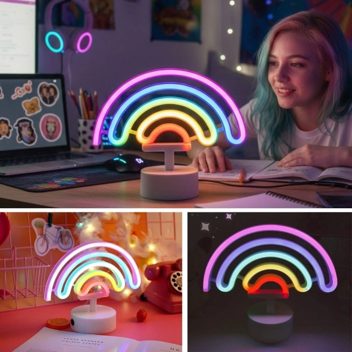 Plastik Gökkuşağı Neon LED Işık – Dekoratif Renkli Masaüstü ve Ambiyans Aydınlatması (5263)