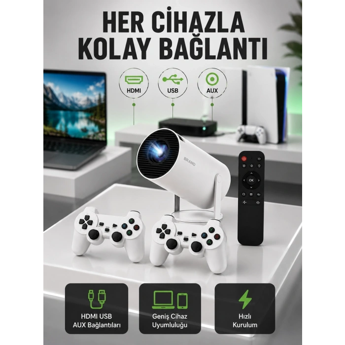 Portatif 4k Projeksiyon – 4.000 Uygulama, Kablosuz Yansıtma Ve Bluetooth 5.0 Yeni Nesil