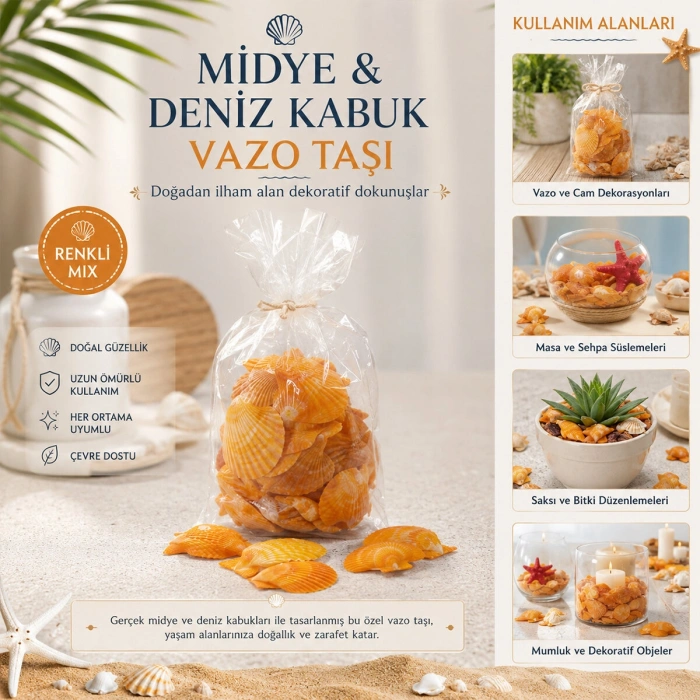 POŞETLİ RENKLİ MİX MİDYE - DENİZ KABUK VAZO TAŞI (5263)