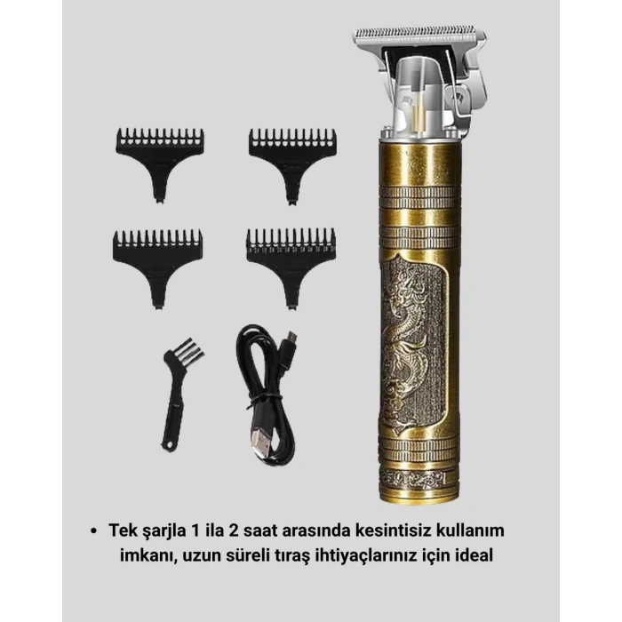 Profesyonel Çizik Tıraş Makinesi – T Çelik Bıçaklı, 120 Dakika Şarjlı Kullanım, 3 Başlıklı