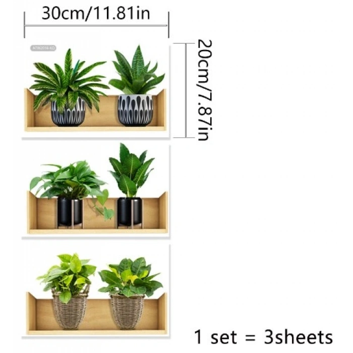 Raflı Bitki Tasarımlı Yapışkanlı Sticker 20*30 cm 3lü Set (5263)