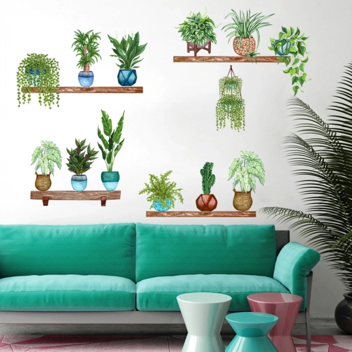 Raflı Saksılı Çiçek Tasarımlı Yapışkanlı Sticker (5263)
