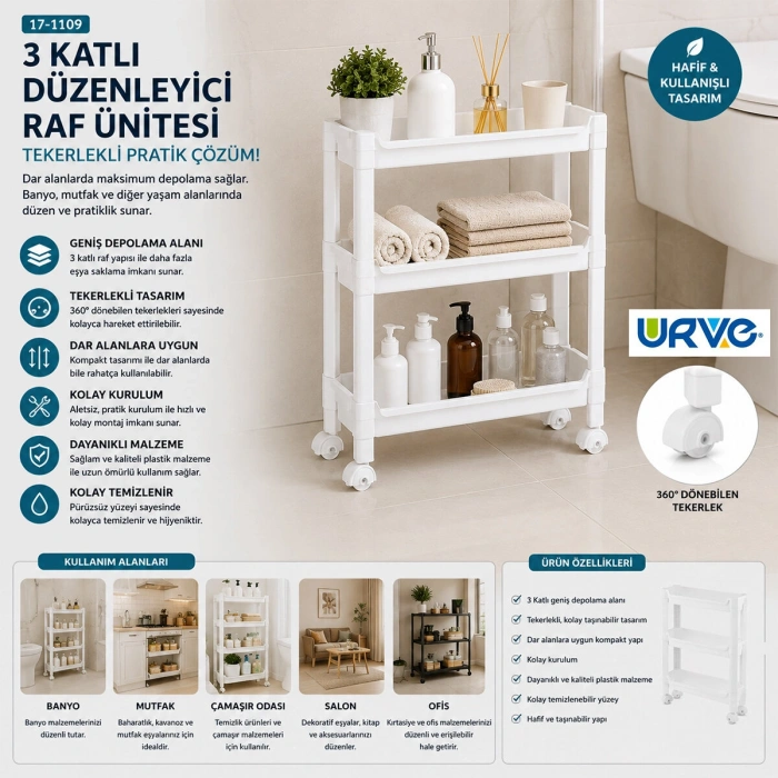 RAFTY 3 KATLI TEKERLEKLİ SEPET ORGANİZER DÜZENLEYİCİ RAF ÜNİTESİ 465X145X480MM (5263)