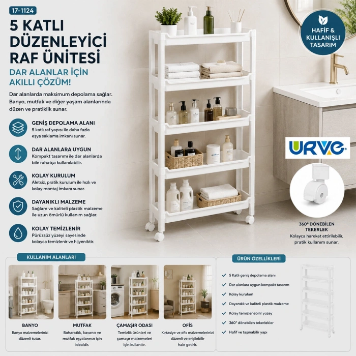 RAFTY 5 KATLI TEKERLEKLİ SEPET ORGANİZER DÜZENLEYİCİ RAF ÜNİTESİ 465X145X850MM (5263)