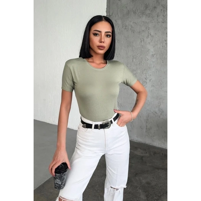 Rahat Ve Şık Kısa Kollu Bisiklet Yaka Likralı Viskon Penye Body Haki