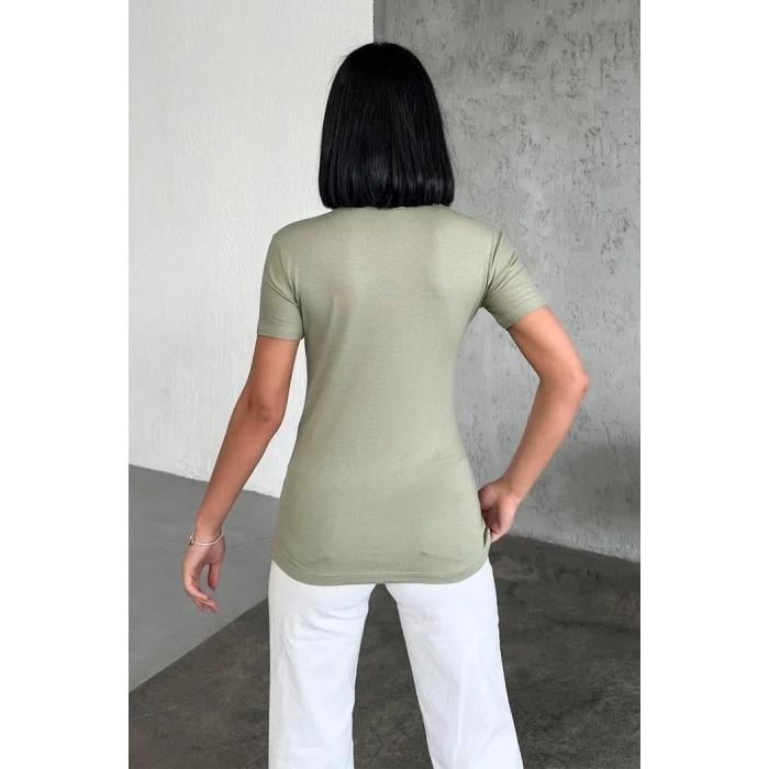 Rahat Ve Şık Kısa Kollu Bisiklet Yaka Likralı Viskon Penye Body Haki