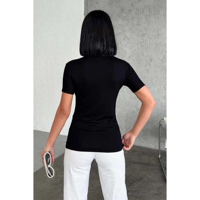 Rahat Ve Şık Kısa Kollu Bisiklet Yaka Likralı Viskon Penye Body Siyah