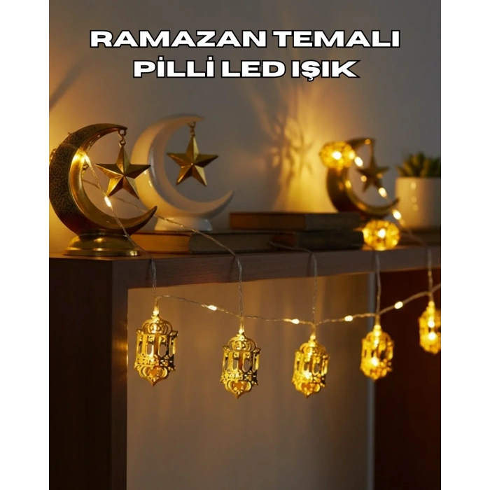 Ramazan Dekoru İçin Pilli Led Işık Altın Fener Tasarımlı