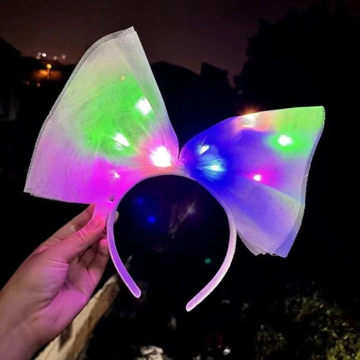 Rengarenk Led Işıklı Fiyonk Şekilli Tül Parti Tacı Beyaz Renk 25x25 cm (5263)