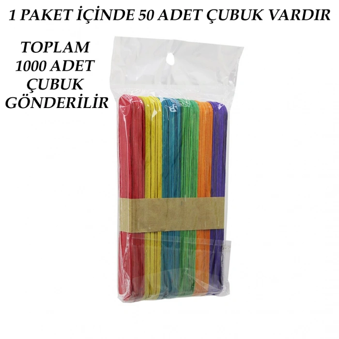 RENKLİ - 1000 ADET AHŞAP ELİŞİ - DİL ÇUBUK 15CM X 1.8CM (5263)