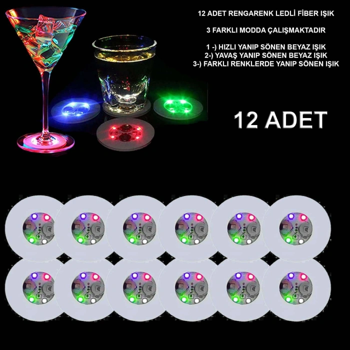 Renkli LED Işıklı Bardak Altlığı - Dekoratif (12 Adet, Pilli) (5263)