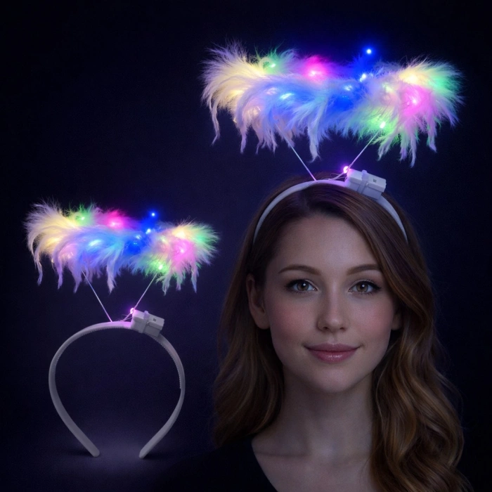 Renkli LED Işıklı Beyaz Tüylü Püsküllü Parti Tacı (5263)