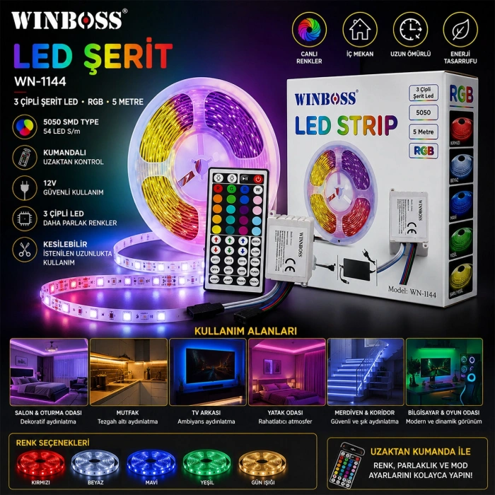 RGB 3ÇİP KUMANDALI ŞERİT LED 5MT (5263)