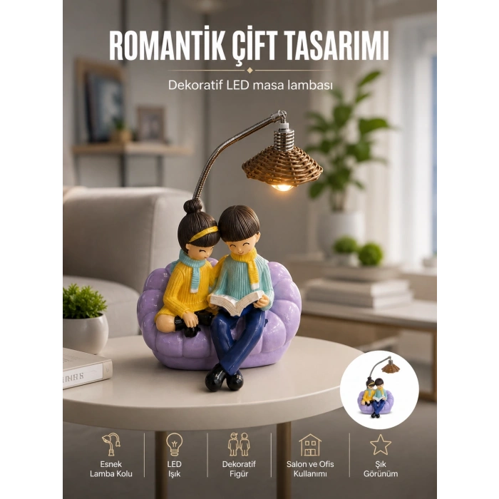 Romantik Çift Figürlü Okuyan Çift Masa Lambası Dekoratif Led Aydınlatma
